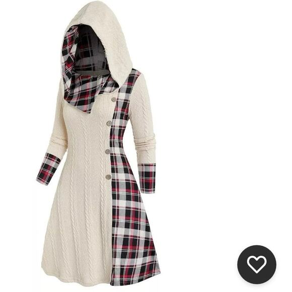 Womens M Cable Knit Hooded Dress Plaid Print Long Sleeve Mock Button - Picture 4 of 13